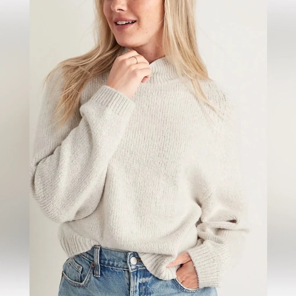 Old Navy Natural Cream SoSoft Rib Knit Cotton Blend Mock Neck Sweater Size M - Picture 1 of 8